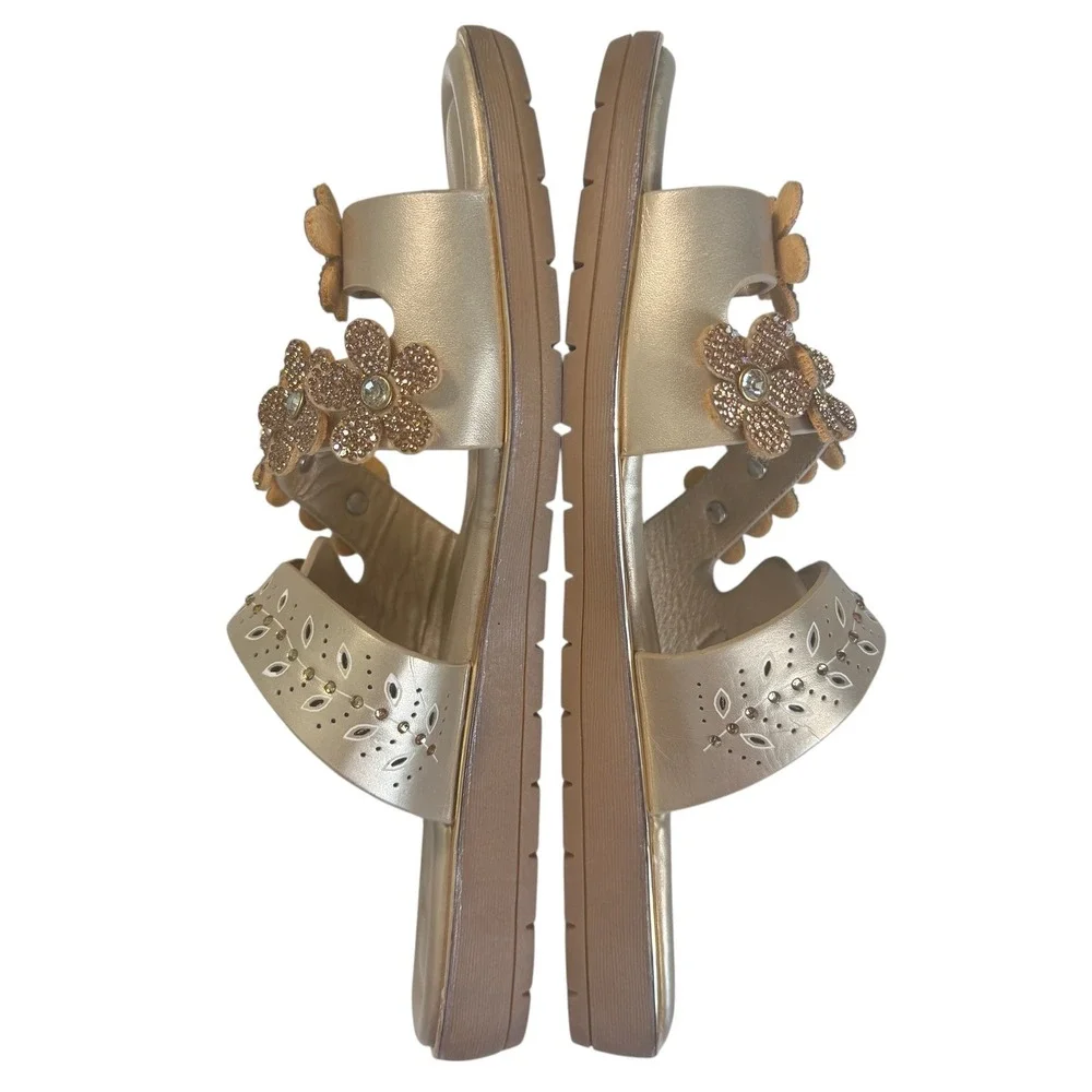 Womens Flower Rhinestones Thong Sandals Sz 8 Gold Summer Coquette Beach Vacation